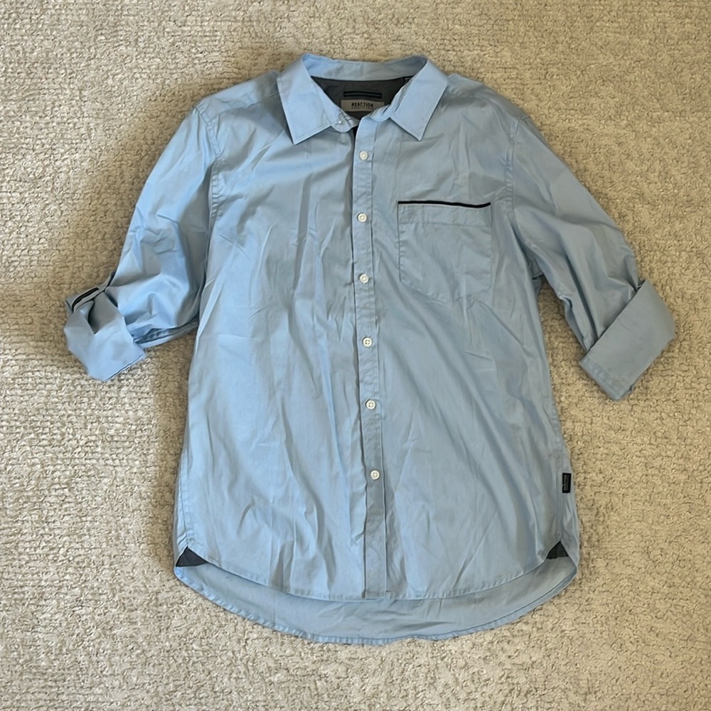 Kenneth Cole Reaction Cuffed Sleeve Button Blue Down Shirt